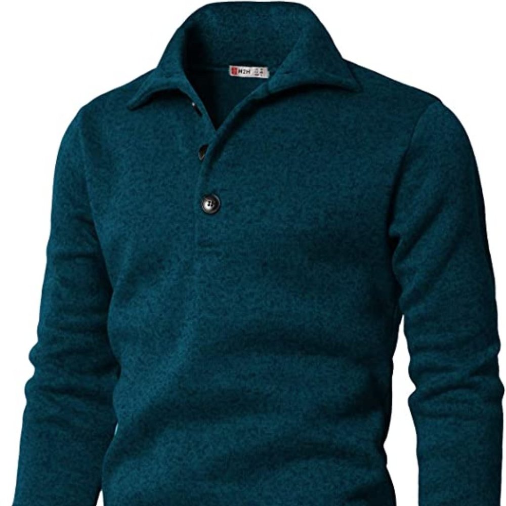 H2H 3-button pullover sweater blue green teal slim fit mens XL